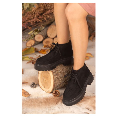 armonika WOMEN'S BLACK SUEDE THICK SOLE LAPPED SHORT BOOTS