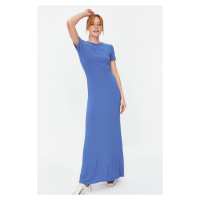 Trendyol modré šaty s krátkým rukávem, přiléhavé, s kulatým výstřihem, elastické, pletené, maxi 