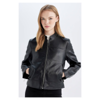 DEFACTO Regular Fit Zippered Pocket Black Faux Leather Jacket