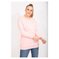 Şans Women's Plus Size Pink Cotton Sweatshirt with Stones And Print Detail