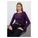 Trendyol Plum Crew Neck Tulle Low-cut Snap Fastener Flexible Knitted Body