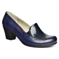 Fox Shoes R908020603 Navy Blue Genuine Leather Thick Heeled Women's Shoes