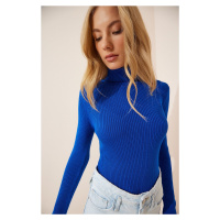 Happiness İstanbul Women's Blue Turtleneck Corduroy Lycra Knitwear Sweater