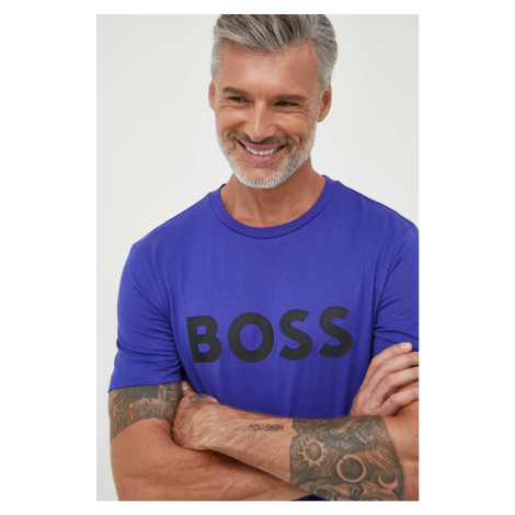 Bavlněné tričko BOSS fialová barva, s potiskem Hugo Boss