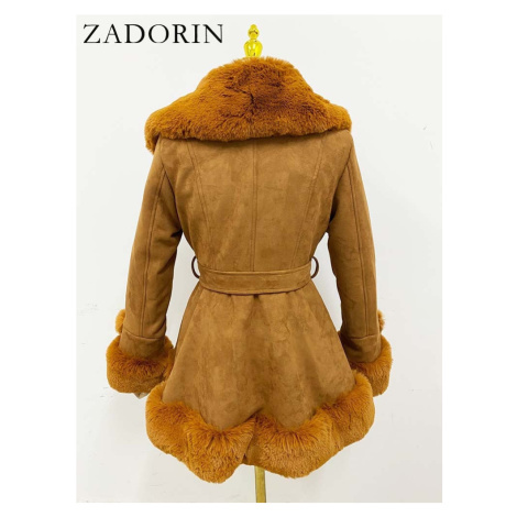 Semišový zimní kabát s páskem a plyšovým límcem A.Zado.Rin