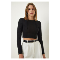 Happiness İstanbul Black Ribbed Ribbed Crop Blouse