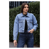 Bigdart 0693 Buttoned Oversize Denim Jacket - Navy Blue