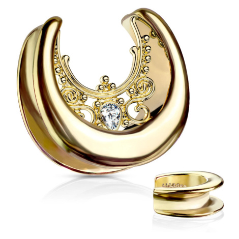 Ocelový plug do ucha ve zlaté barvě - zirkonová slzička, ornamenty - Tloušťka : 25 mm Šperky eshop