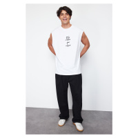 Trendyol White Oversize/Wide Cut Far East Text Printed 100% Cotton Sleeveless T-Shirt/Athlete