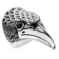 Ocelový prsten, mohutná hlava orla - černé zirkony, rýhované patinované peří