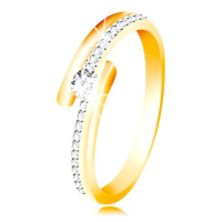 Zlatý prsten 585 - rozdvojená ramena s kombinací bílého zlata, vystouplý kulatý zirkon čiré barv