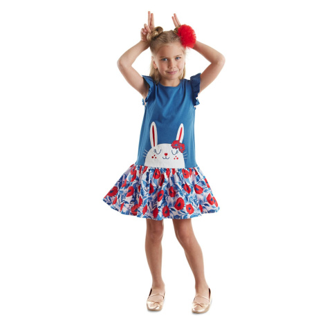 Denokids Rabbit Girl's Floral Blue Ruffle Dress