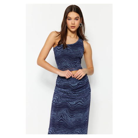 Trendyol Navy Blue Printed Tulle Fitted High Waist Lined Midi Skirt