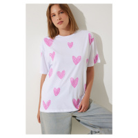 Happiness İstanbul Women's White Pink Heart Printed Oversize Cotton T-Shirt