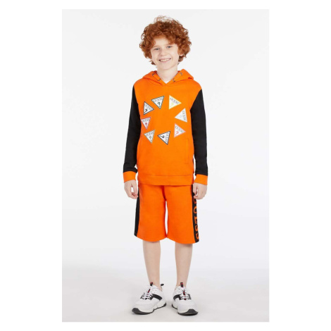 Dětská bavlněná mikina Guess oranžová barva, s kapucí, vzorovaná