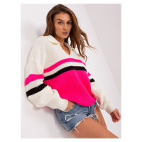 Ecru-fluo růžový oversize svetr s límečkem
