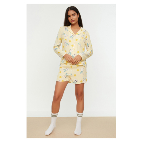 Trendyol Yellow Rabbit Patterned Shirt-Shorts Woven Pajamas Set