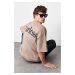 Trendyol Mink Oversize Text Printed 100% Cotton Thick T-Shirt