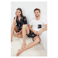 Trendyol Ecru Black Printed Regular Fit Couple Pajama Set with Knitted Shorts