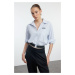 Trendyol Blue Striped Crop Shirt with Elastic Hem and Label Detail