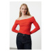 Trendyol Red Carmen Collar Crop/Short Stretchy Knitted Blouse