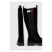 Kozačky Tommy Jeans TJW LONG SHAFT SUEDE BOOT dámské, černá barva, na plochém podpatku, EN0EN024