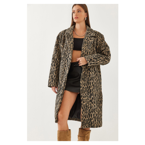 Bianco Lucci Women's Leopard Patterned Double Breasted Cashmere Coat 2479