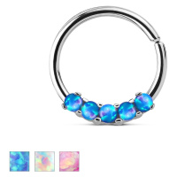 Ocelový piercing stříbrné barvy, lesklý kroužek se syntetickými opály - Barva piercing: Růžová