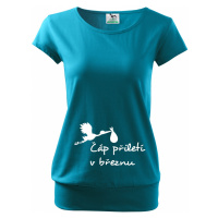 Těhotenské tričko s potiskem Čáp přiletí - vtipný motiv na triko