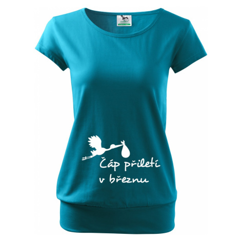 Těhotenské tričko s potiskem Čáp přiletí - vtipný motiv na triko BezvaTriko