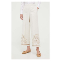 Plátěné kalhoty Twinset béžová barva, široké, high waist
