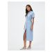 Koton Midi Shirt Dress Buttoned Draped Gathered Short Sleeve