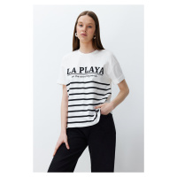 Trendyol Ecru 100% Cotton Slogan and Stripe Printed Oversize/Comfort Fit Knitted T-Shirt