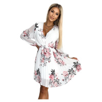 YSABEL - Bílé dámské plisované šaty se vzorem růží, výstřihem, dlouhými rukávy a páskem 415-2