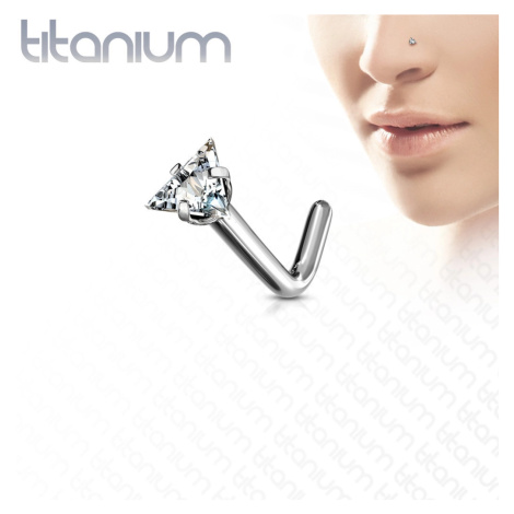 Zahnutý piercing do nosu z titanu - trojúhelníkový broušený zirkon čiré barvy - Tloušťka piercin Šperky eshop