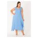 Şans Women's Large Size Blue Point Patterned Crew Neck Slit Sleeveless Long Viscose Dress