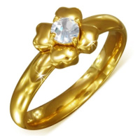 Zlatý prsten z chirurgické oceli s čirým zirkonem - květ