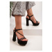 Shoeberry Women's Gilly Black Satin Stones Platform Heels Shoes
