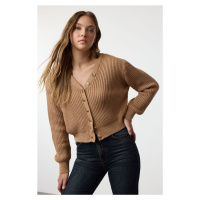 Trendyol Camel V Neck Crop Knit Cardigan