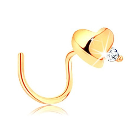 Zlatý piercing 585, zahnutý - lesklé vypouklé srdce, čirý zirkonek Šperky eshop