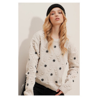 Trend Alaçatı Stili Women's Beige Crew Neck Motif Embroidered Knitwear Sweater