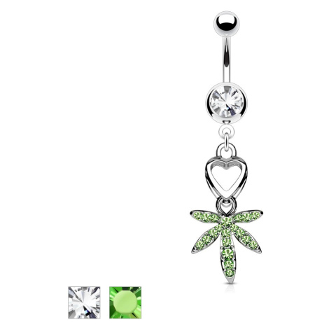 Piercing do pupíku z oceli 316L - srdce a list marihuany - Barva zirkonu: Číro-zelená CG Šperky eshop