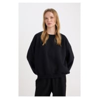 DEFACTO Cool Oversize Fit Wide Mold Crew Neck Basic Plain Thick Fabric Black Sweatshirt