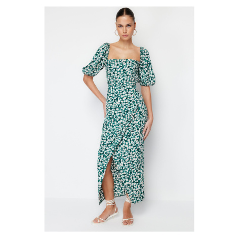 Trendyol Green Floral Balloon Sleeve Viscose Midi Woven Dress