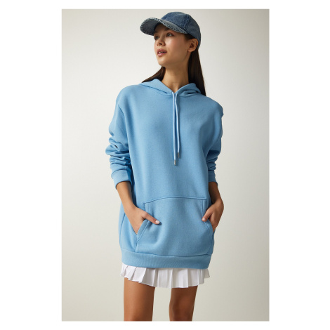 Happiness İstanbul Women's Light Blue Printed Hooded Raising Sweatshirt