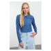 Trendyol Indigo Buttoned Fitted Polo Neck Ruffle/Textured Crop Knitted Blouse