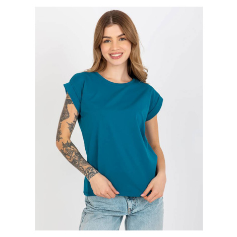 Bavlněné dámské tričko t-shirt v mořské barvě s ohrnutými rukávky Feel Good (4833-25) Factory Price