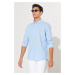 AC&Co / Altınyıldız Classics Men's Blue Slim Fit Slim-fit, Buttoned Collar Linen-Looking 100% Co