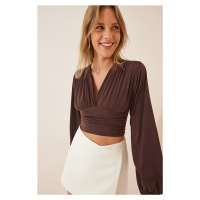 Happiness İstanbul Women's Brown Deep V Neck Crop Sandy Knitted