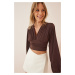 Happiness İstanbul Women's Brown Deep V-Neck Crop Sandy Knitted